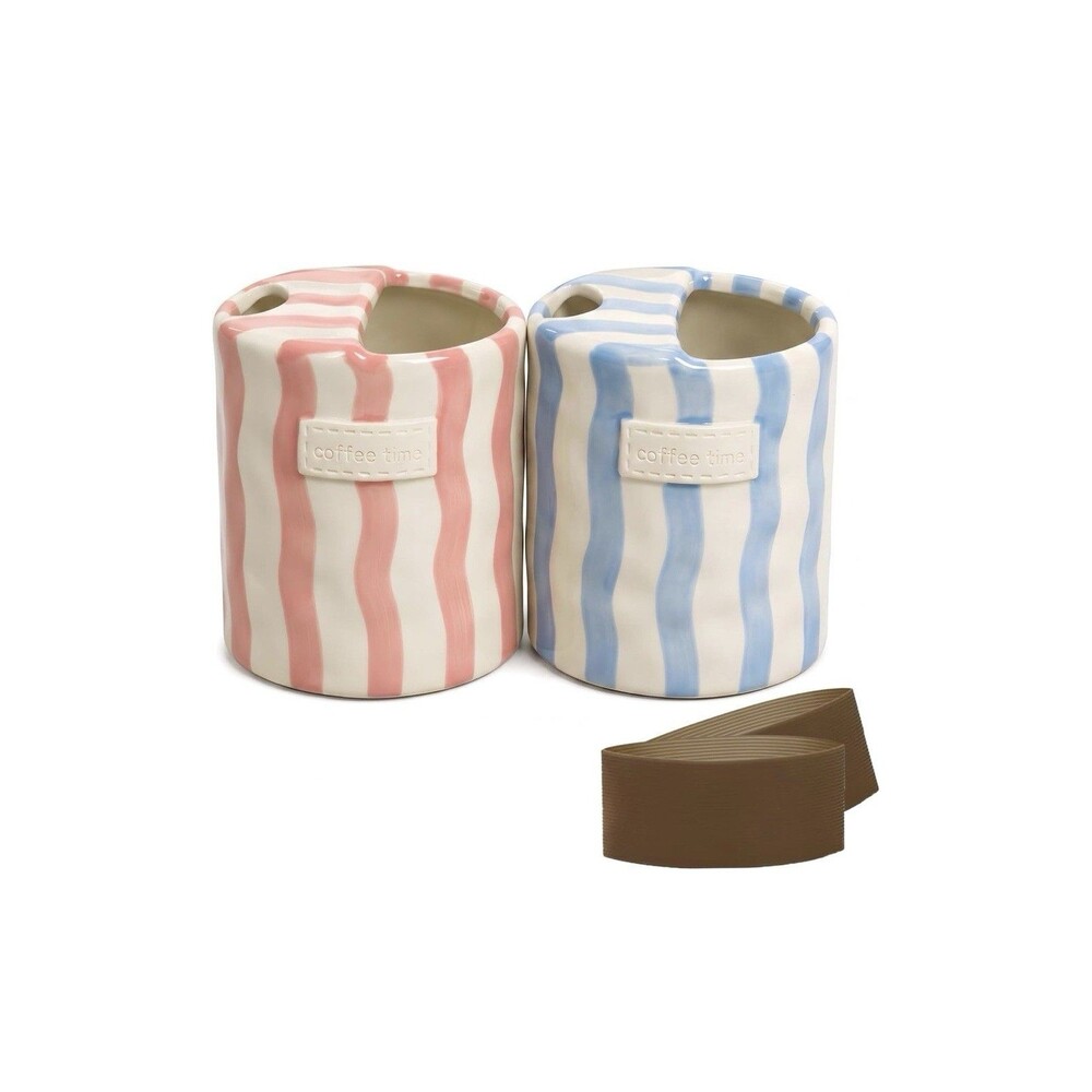Ceramic Coffee Mug Set 2 Pack 12oz Travel Cups Sip Lid Blue Pink Striped